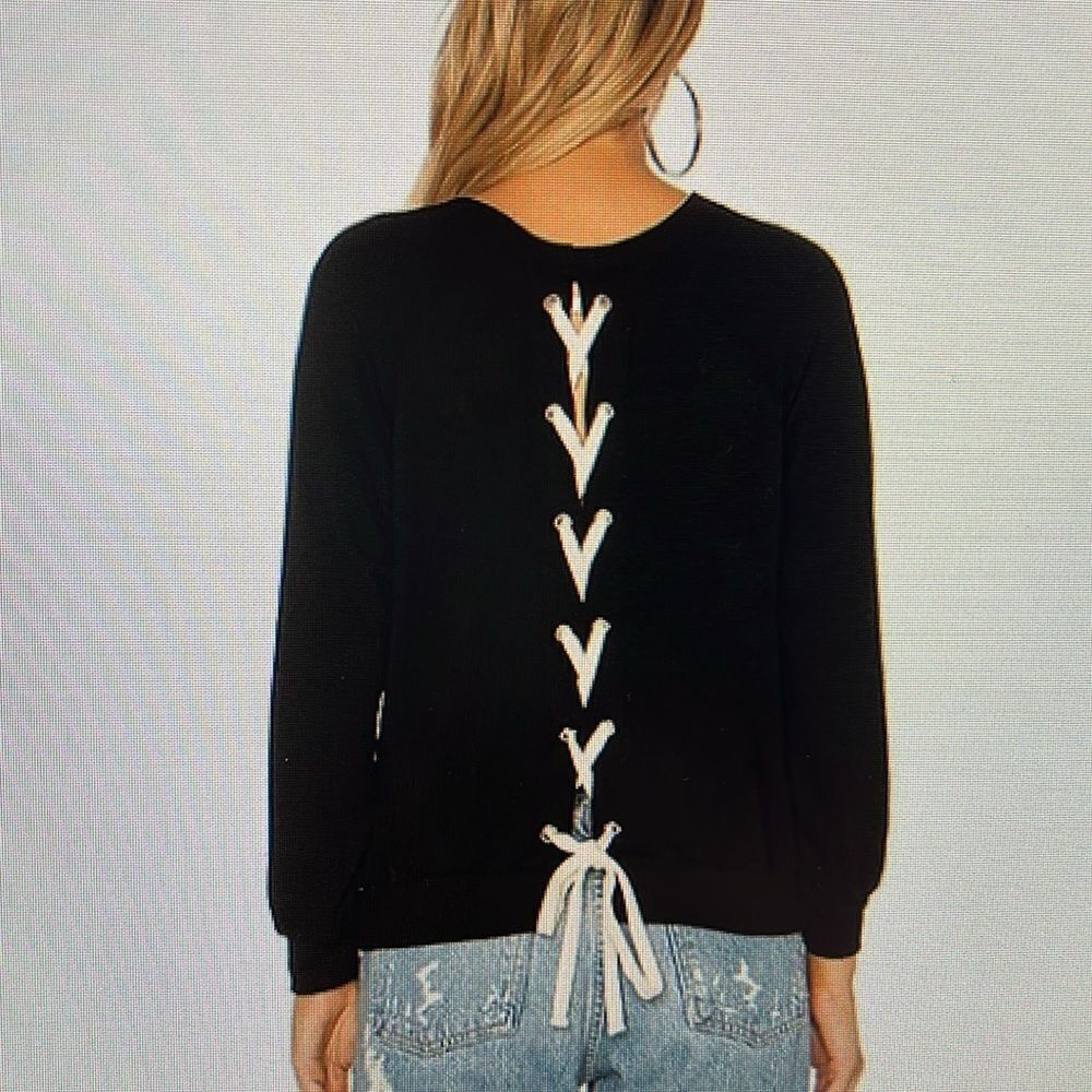 New! Monrow‎ Black Lace-Up Back Women's Top Sweatshirt Size XS